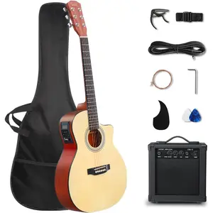 GLARRY  Acoustic Electric Guitar Beginner Kit with 15W Amp, 5-band EQ Cutway Design 6 Strings Electric Acoustic Guitar with Bag, Strap, Picks, Strings, Wrench (Natural, 36in)