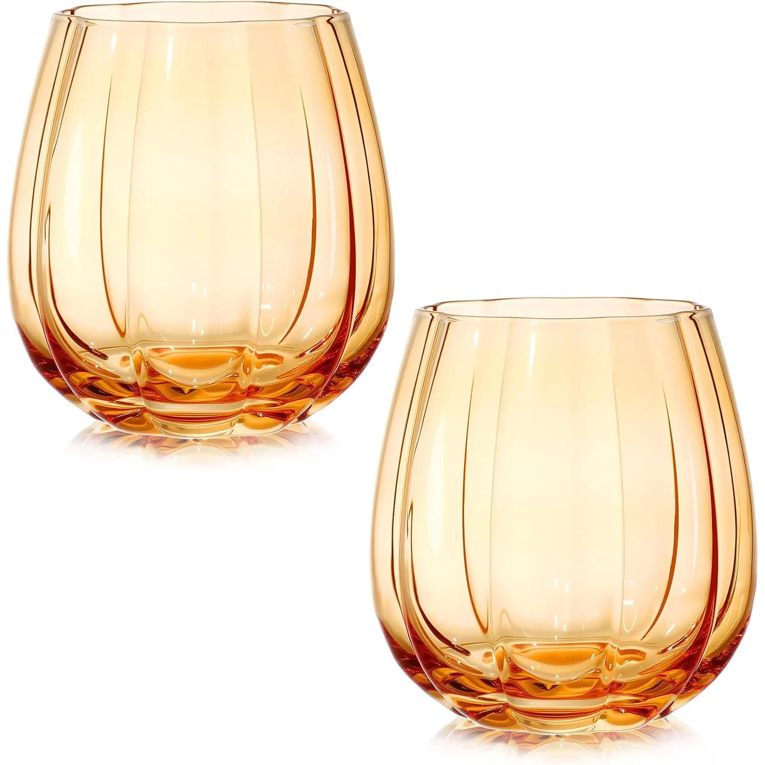 2 count Fall Pumpkins Stemless  Glasses 17oz  Drinking Glass Cups Durable Vertical Ribbed Thanksgiving Halloween Pumpkin Mug for Fall Autumn Party Supplies Gifts