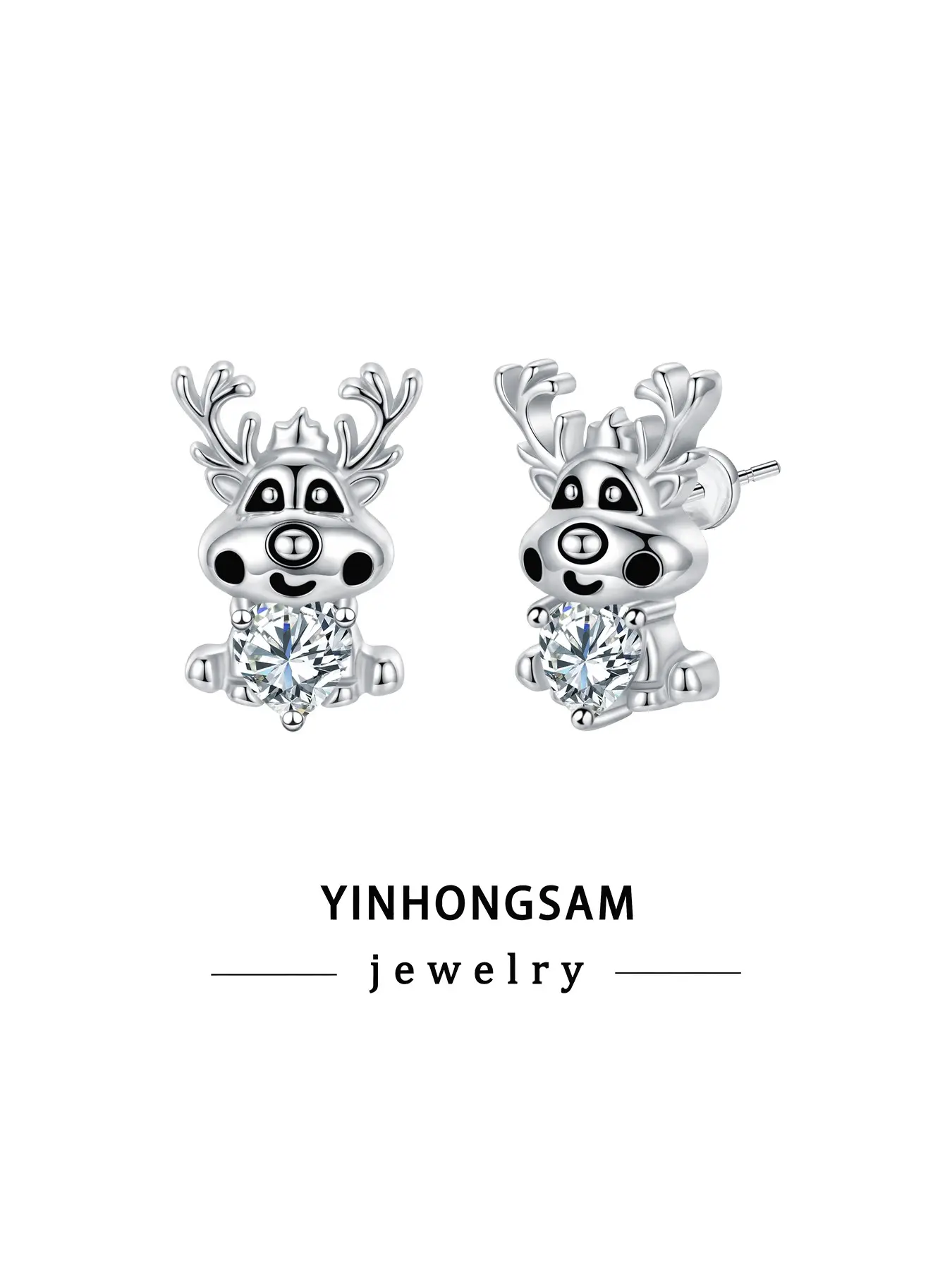 Yinhongsam Cartoon Reindeer Heart Cz Earrings, Christmas Deer Earrings, Holiday Daily Women's Accessories with Gift Box