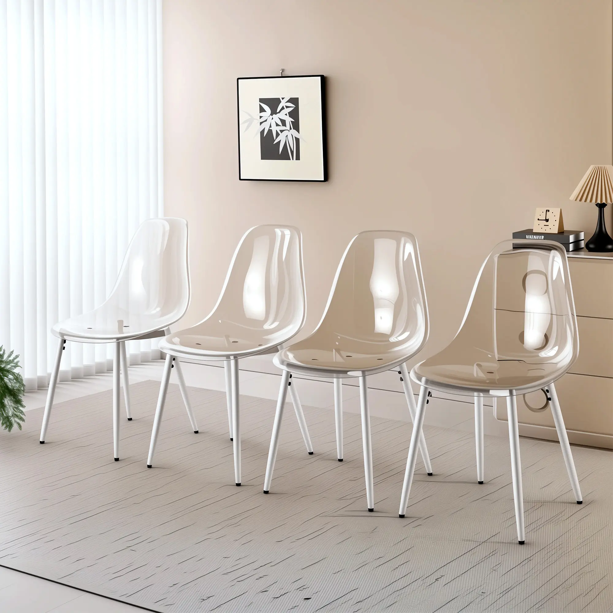 ARCH Set of 4 Modern Dining Chairs with Metal Legs, Antique White Acrylic Seat, Clear Plastic Dining Room Chairs for Kitchen Living Room, Easy Assembly, 18.3Wx19.7Dx33.5H in, Sturdy and Durable, Antique White Color Options, Iron+Plastic Material