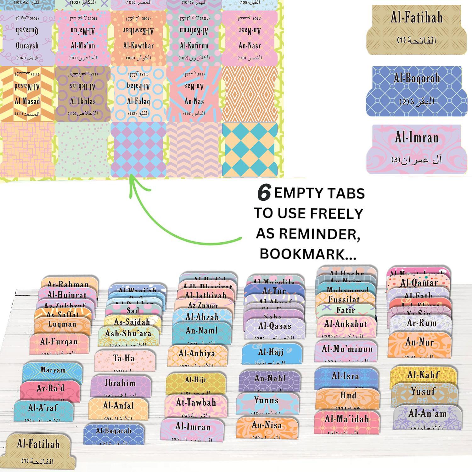 Self-Adhesive Quran Tabs, 120 Pcs/Set Tear-Resistant Surah Organizer Labels with Islamic Designs, Quran Study Accessories & Islamic Gifts, Bookmarks, Sticky Labels