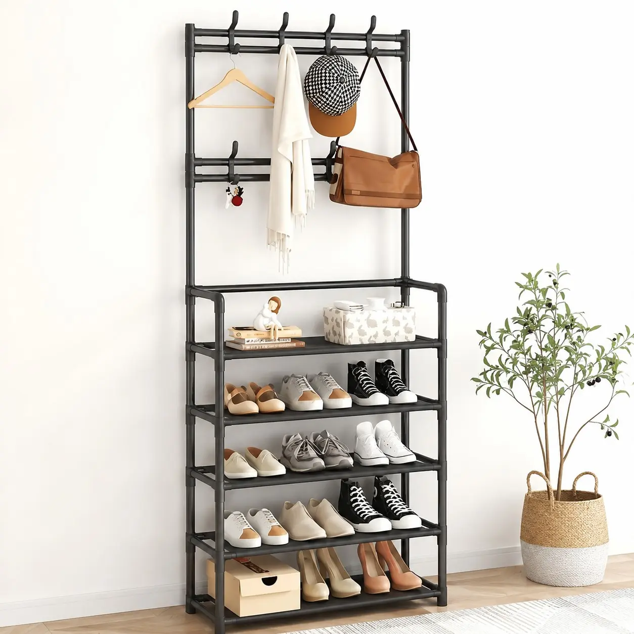 Floor-Standing Coat Rack, Shoe Hat Storage Shelf, Vertical Layered Organizer, Entryway Closet for Coats and Shoes, Minimalist Home Decor