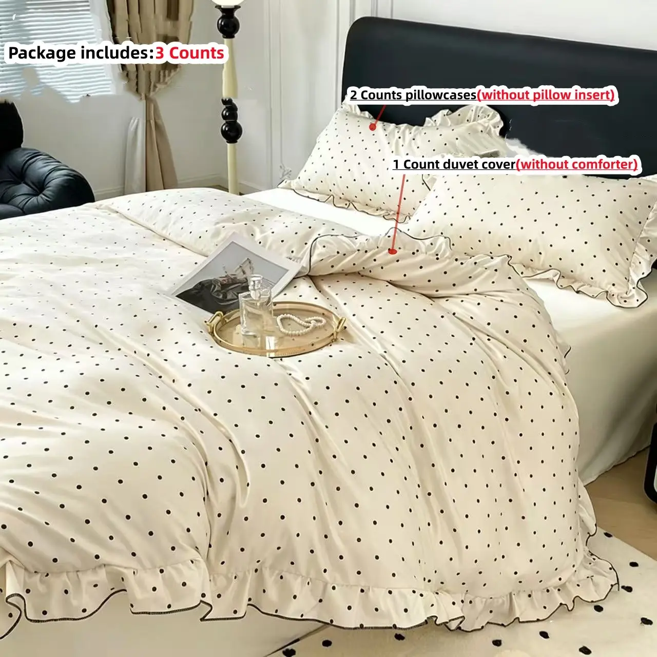 3pcs Polka Dot bedding set  ruffles 1 count Duvet Cover + 2 counts Pillowcases without comforter and pillow insert for Bedroom, Single Twin Double Queen Size, All Seasons Use Duvet Cover Sets