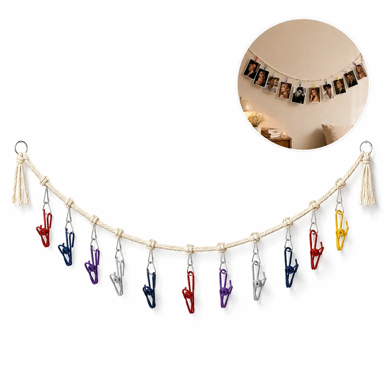 6.56FT Boho Photo Display Rope with 20 Colorful Clips, Cotton Hanging Organizer for Pictures, Cards & Plush Toys, Nursery Bedroom Wall Decor