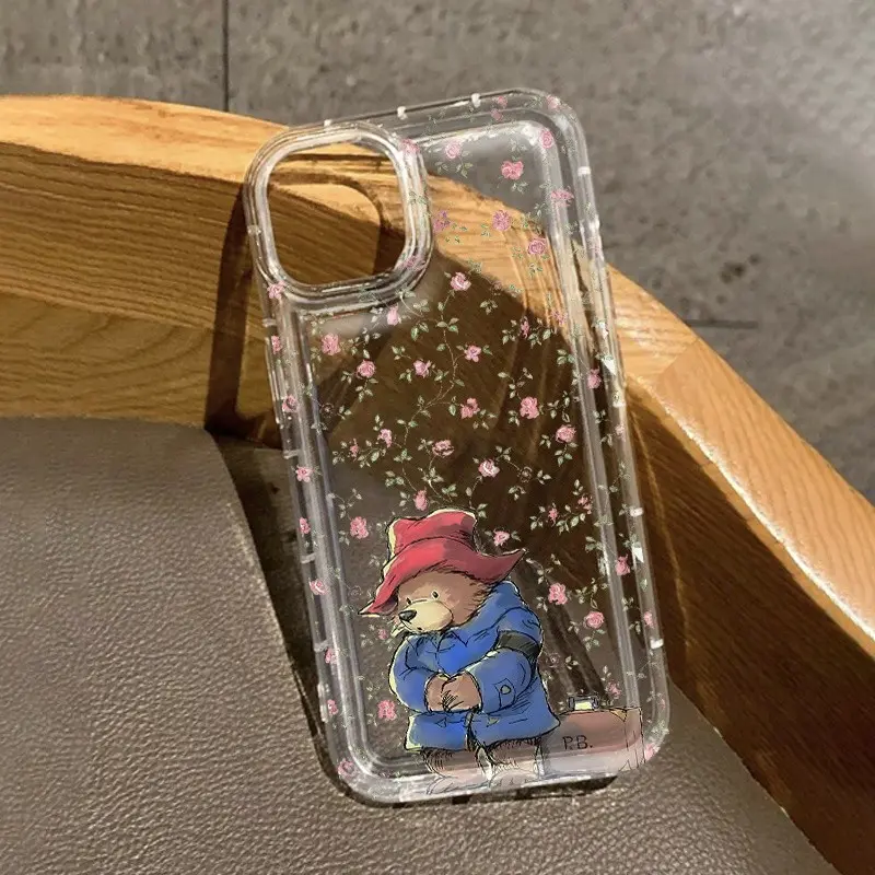 Paddington Bear Floral Transparent Phone Case, Clear Cover, Full Protection Shockproof Tpu Shell, Fits iPhone 11-17 Pro Max, Gift for Partner