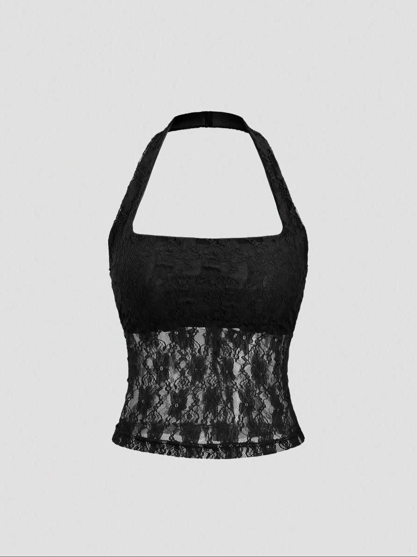 Women's Plain Floral Lace Halter Neck Top, Elegant Sleeveless Top for Party Vacation, Ladies Clothes for Summer, Casual Sleeveless Cami, Womenswear