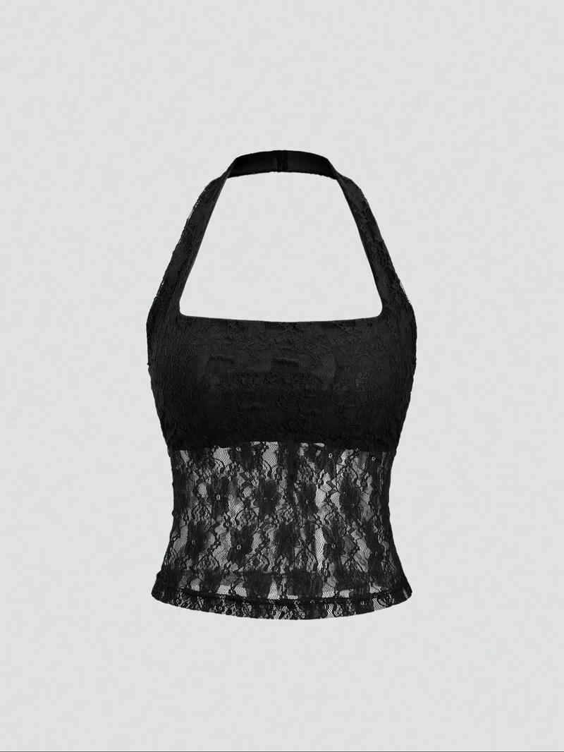 Valentine's Day Women's Plain Floral Lace Halter Neck Top, Elegant Sleeveless Top for Party Holiday Vacation, Ladies Clothes for Summer, Womenswear