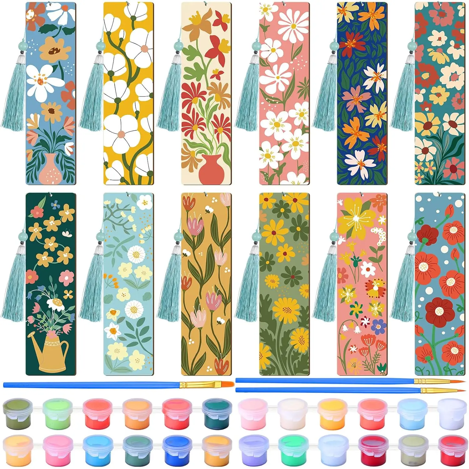 Kosiz 12 Pcs Paint by Numbers Kit for Adults Wood Bookmark Painting Decor Mini Paint by Numbers Kit Tassels Blank Bookmarks Craft for Small DIY Book Lovers Gift 7x2 ''(Butterfly Flowers Theme)