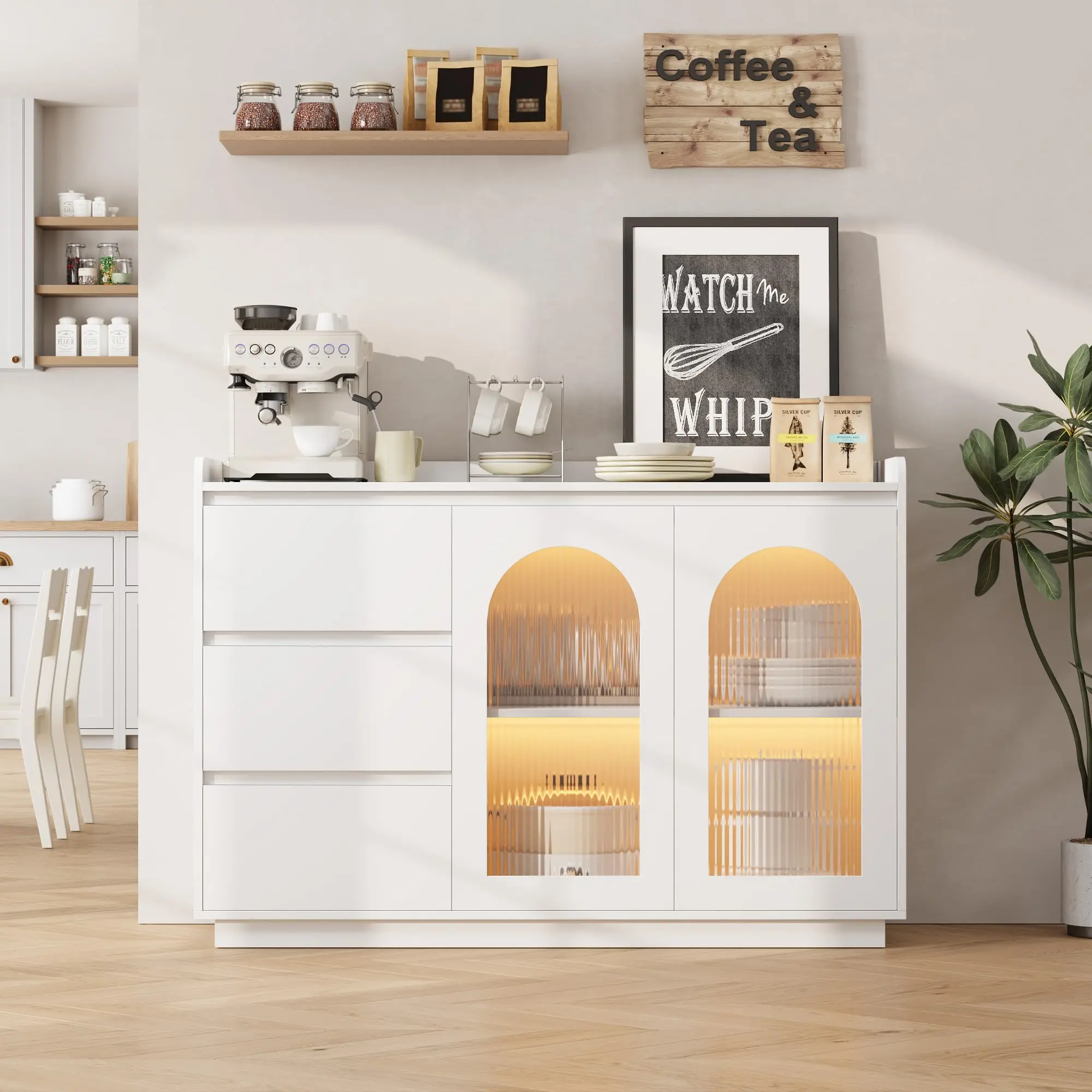Modern LED Buffet Sideboard Cabinet, 48" Storage Cabinet with 3 Drawers & Glass Doors, 3-Color Dimmable LED Light, Farmhouse Coffee Bar Station for Kitchen, Dining Room, White Finish Buffets Sideboard Cabinet Modern Home Furniture