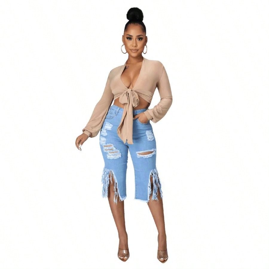 Ripped Fringe Denim Capris + Tie-Front Crop Top Set | Y2K Street Style Summer Outfit for Women | High Waist Distressed Jeans with Frayed Hem | Trendy Casual Going Out Look 2026