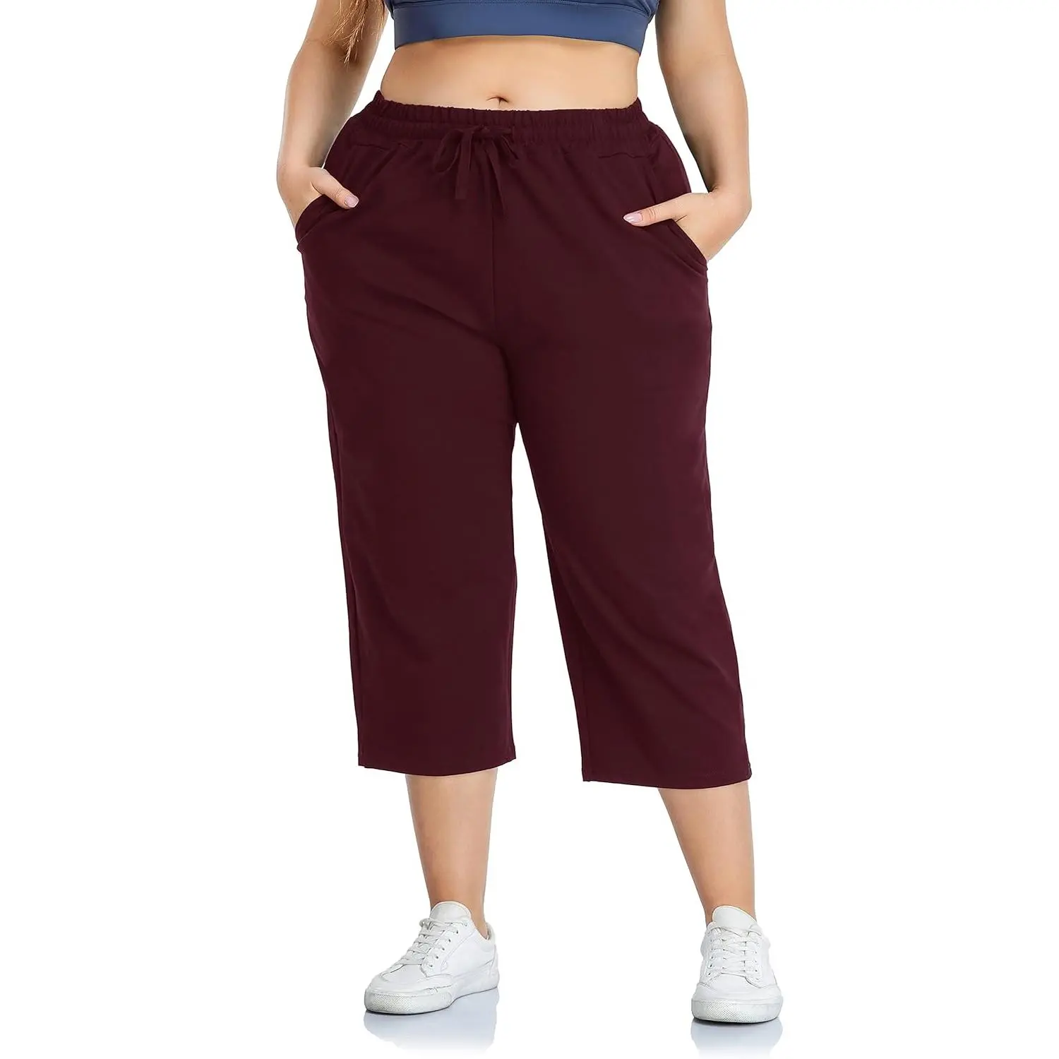 Women's Plus Size Cotton Jersey Yoga Capri Sweatpants - Athletic Crop Pants with Pockets, Drawstring, Soft Waistband, Stretch - Cotton Capri, Yoga Style, Fitness for Everyone Sports Bottoms, Cotton Capri Women's Sports Sweatpants
