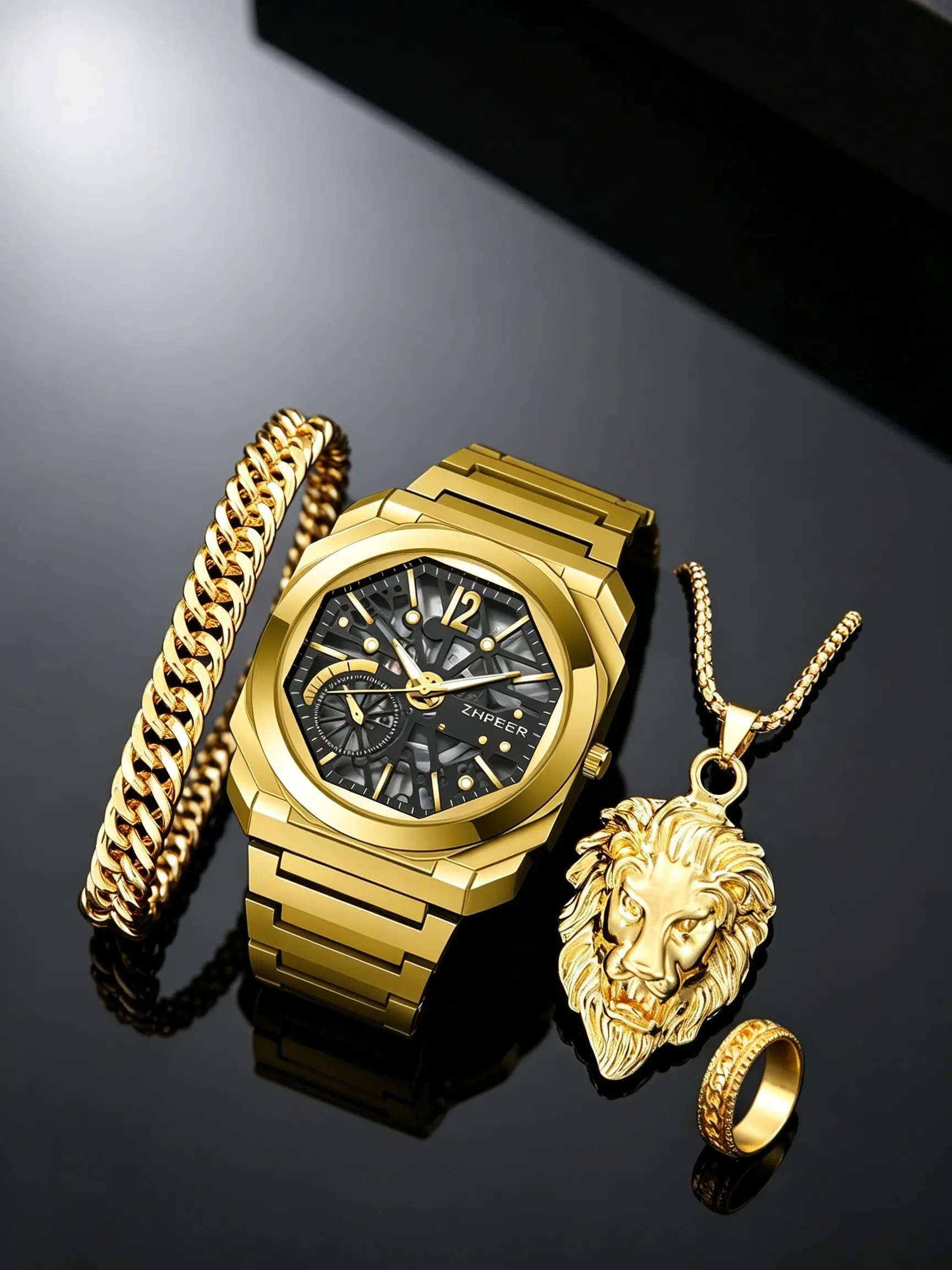 4pcs Men's Fashion Hip-Hop Vintage Watch Set, Quartz Analog Wristwatch, Hollow Large Dial Steel Band, Lion Pendant Chain Ring, Perfect Gift