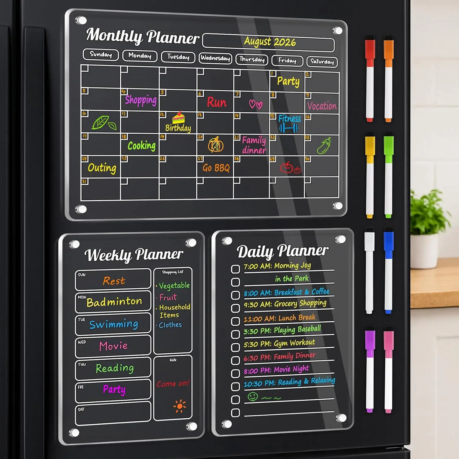 Fridge Calendar 3 Pack Clear  Dry Erase Whiteboard for Refrigerator Monthly Weekly Daily Planner with 8 Color Markers for Chore Chart Events Shopping Lists Meal Planner Kitchen