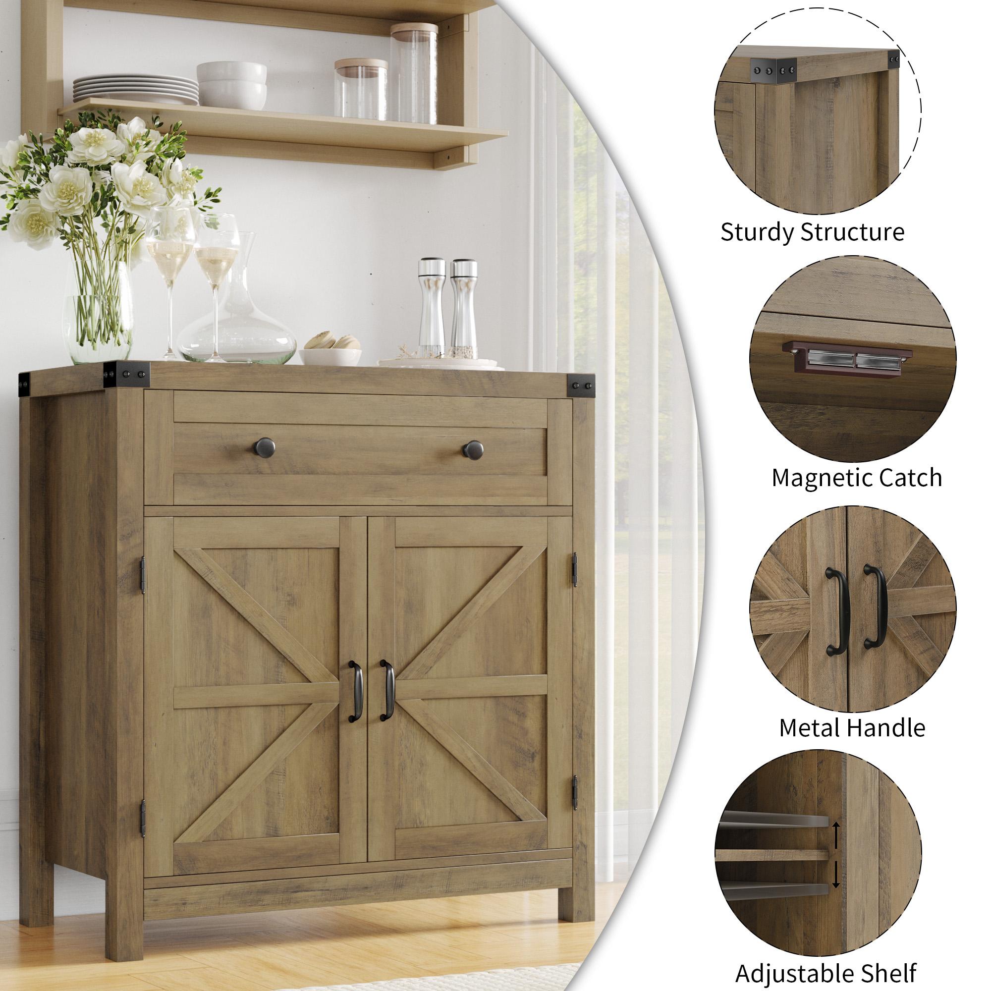 HOSTACK Coffee Bar Cabinet, Storage Cabinet, Modern Buffet Sideboard with Drawer and Adjustable Shelf, Barn Door Accent Cabinet