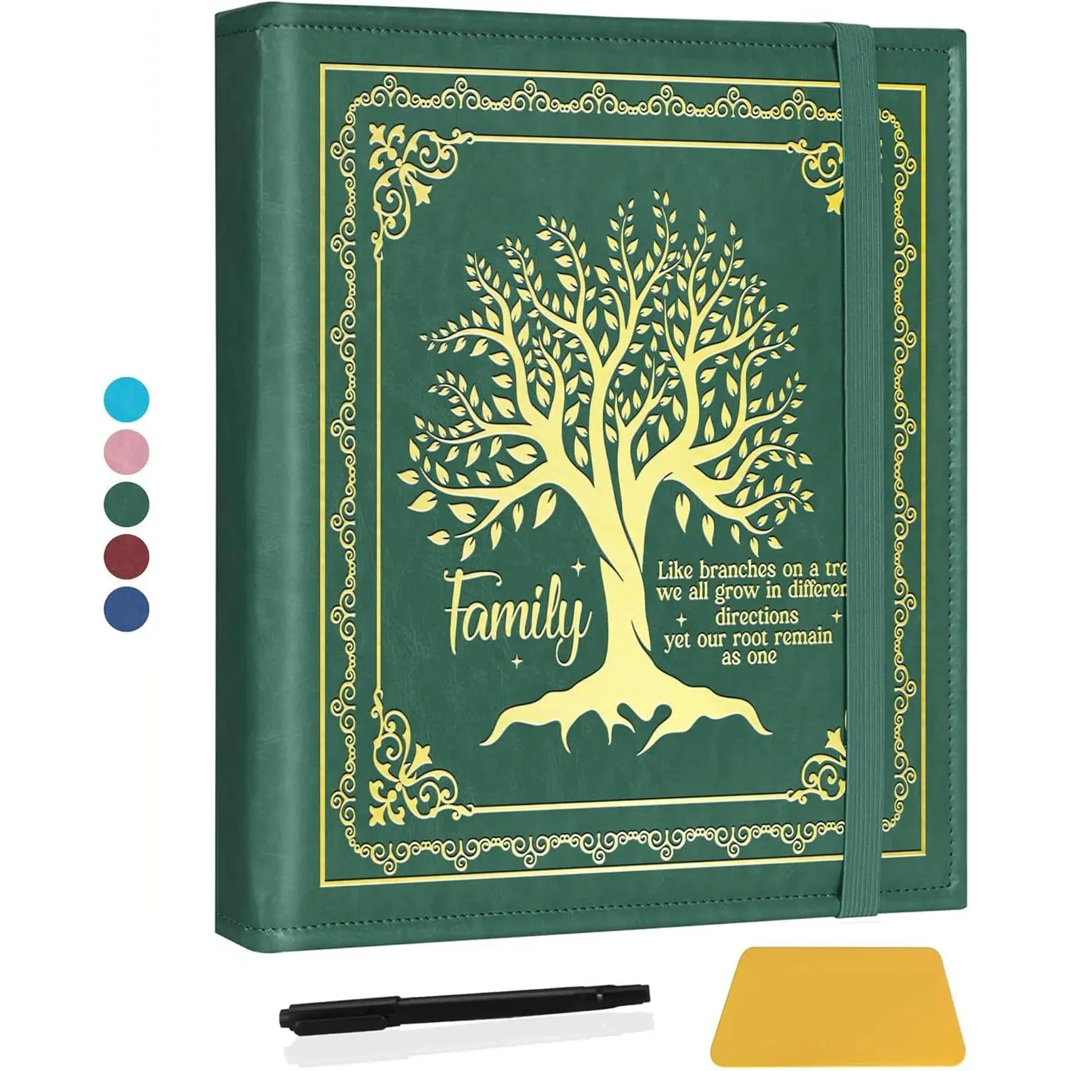 Leather Look Family Tree Magnetic Self-Stick Photo Album (Green) - Tree Motif Scrapbook for 3x5, 4x6, 5x7, 6x8 Pictures, DIY Home Decor Family Album