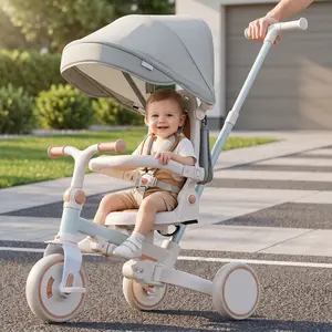 7-in-1 Foldable Baby Tricycle for 12-72 Months, Blue Ride-on Toy with Removable & Adjustable Parent Handle, Removable Pedal, Canopy, and Guardrail, Toddler Push Bike