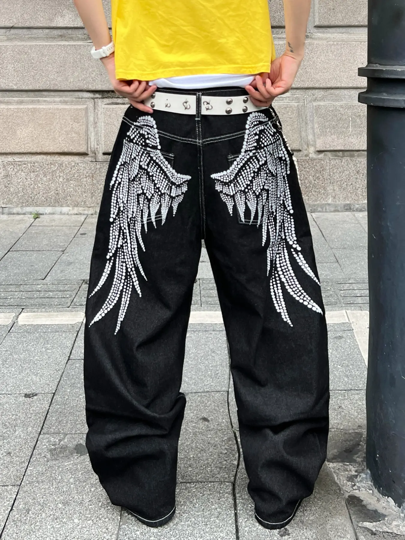 Men's Vintage Washed Wing Graphic Print Straight Leg Wide Leg Baggy Jeans, Y2K Street Fashion Loose Long Pants, No Belt Included