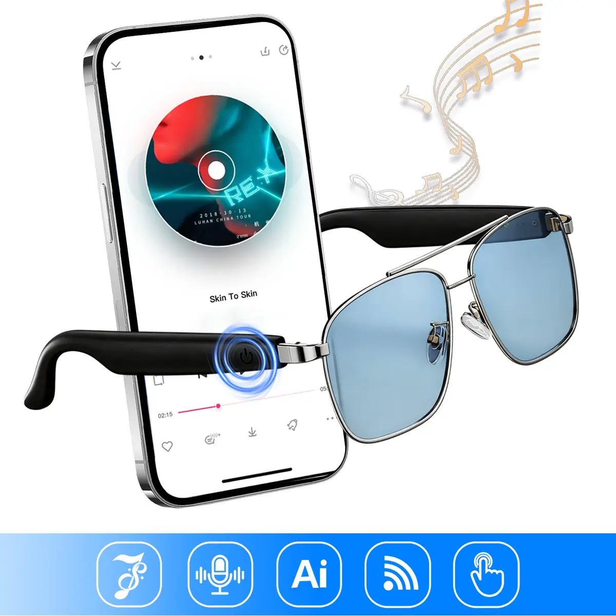 AI Smart Glasses with UV Protection, Hands Free Call & Music Playback Bluetooth Glasses, Voice Assistant Touch Control, For Men & Women Driving Tourism Vlog, Wearable Tech Device