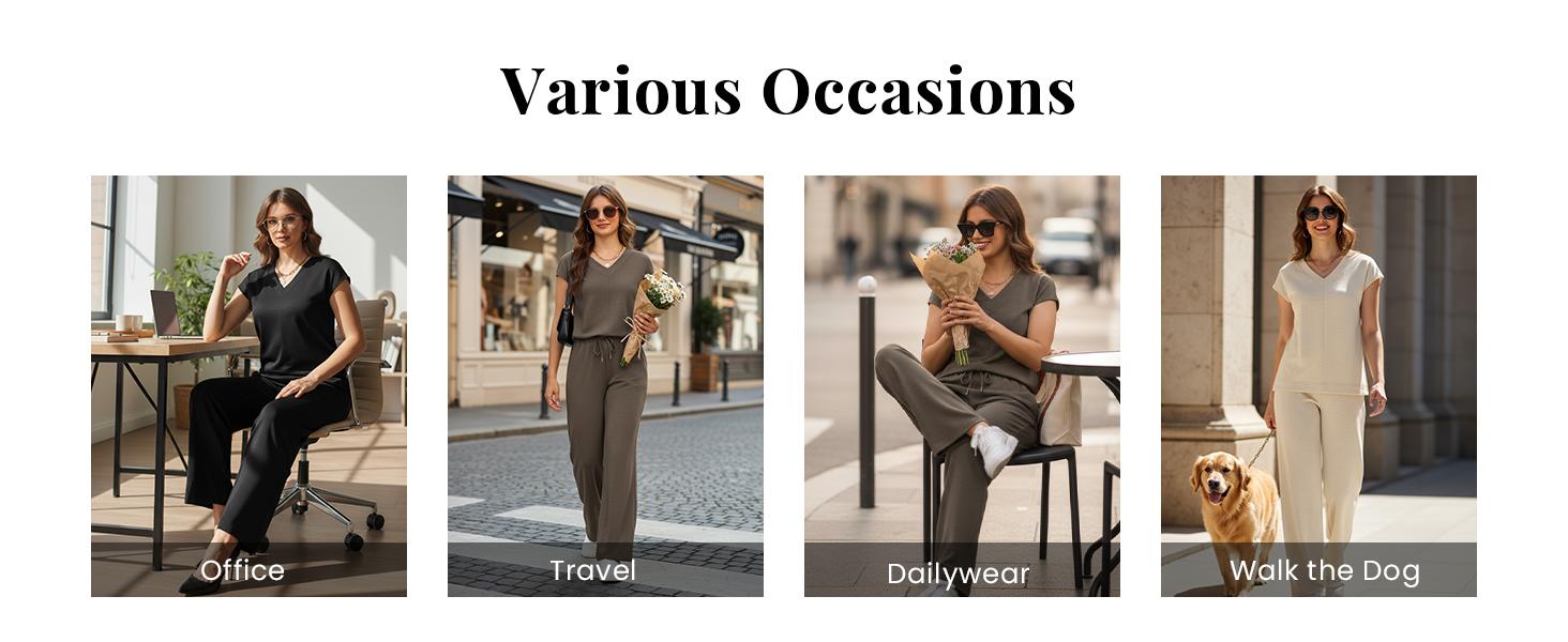 Casly Lamiit 2 Piece Outfits for Women Summer Casual V Neck Cap Sleeve Top & Wide Leg Pant Set Travel Lounge Clothes Soft Fabric Multiple Colors