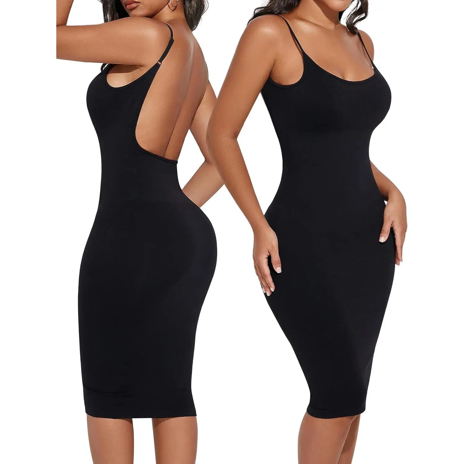 Women's Backless Sleeveless Shapewear Slip Dress - Tummy Control, Fitted Cut, Stretch Polyamid, Low Back, Seamless, Sexy Tank Style, Black
