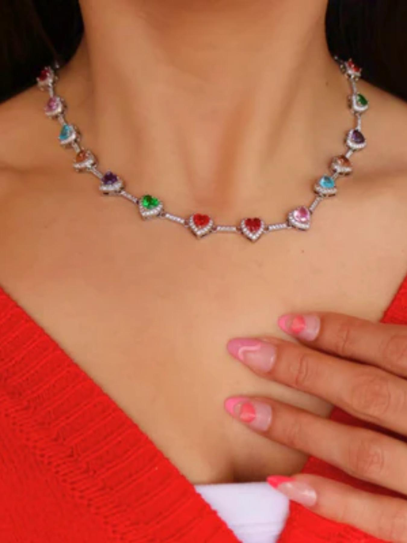 Colorful Heart Shaped Imitation Crystal Decor Statement Necklace, Elegant Luxurious Gift for Mom & Girlfriend, Fashion Jewelry Accessories for Women, Heart Design Necklace