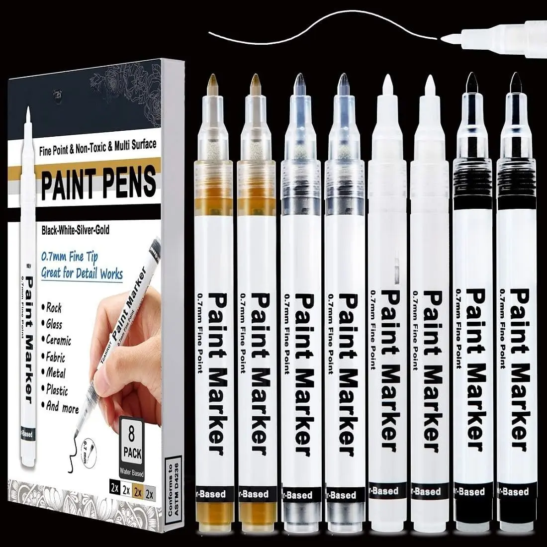 White  Pen, 8 Pack 0.7mm   Pens with 2 White 2 Black 2  2  Permanent Marker for  Rock Fabric Metal Plastic Ceramic  Markers Extra Fine Tip
