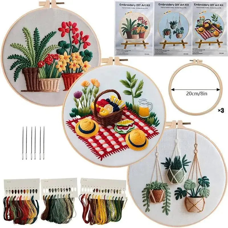 Beginner Christmas DIY Embroidery Kit - Floral Plant Picnic Design Hand Stitching Set with English Instructions, Fabric, Plastic & Stainless Steel Components, Complete Needlework Craft for Holiday Decor & Relaxing Hobby