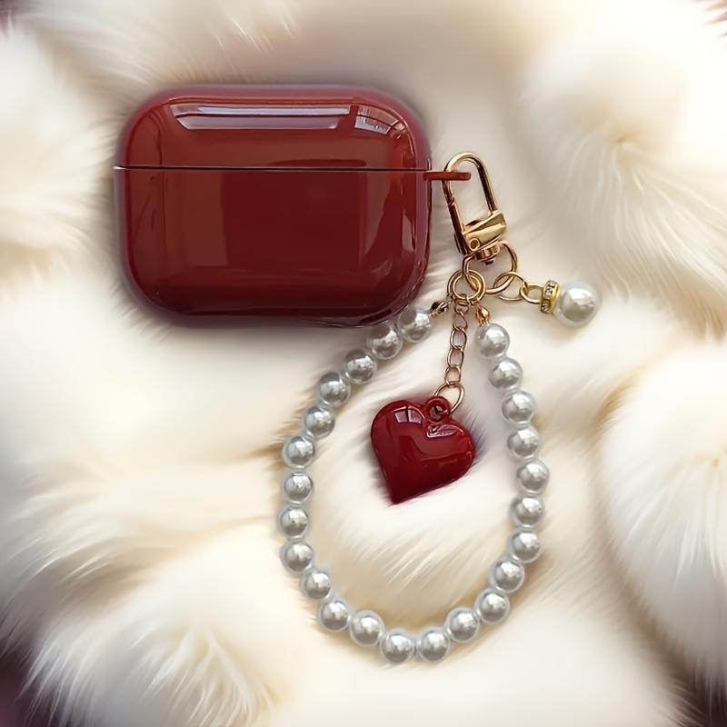 Wine Red Pearl Heart Pendant Case for AirPods Wireless Earbuds - Scratch-Resistant and Shockproof Protective Cover