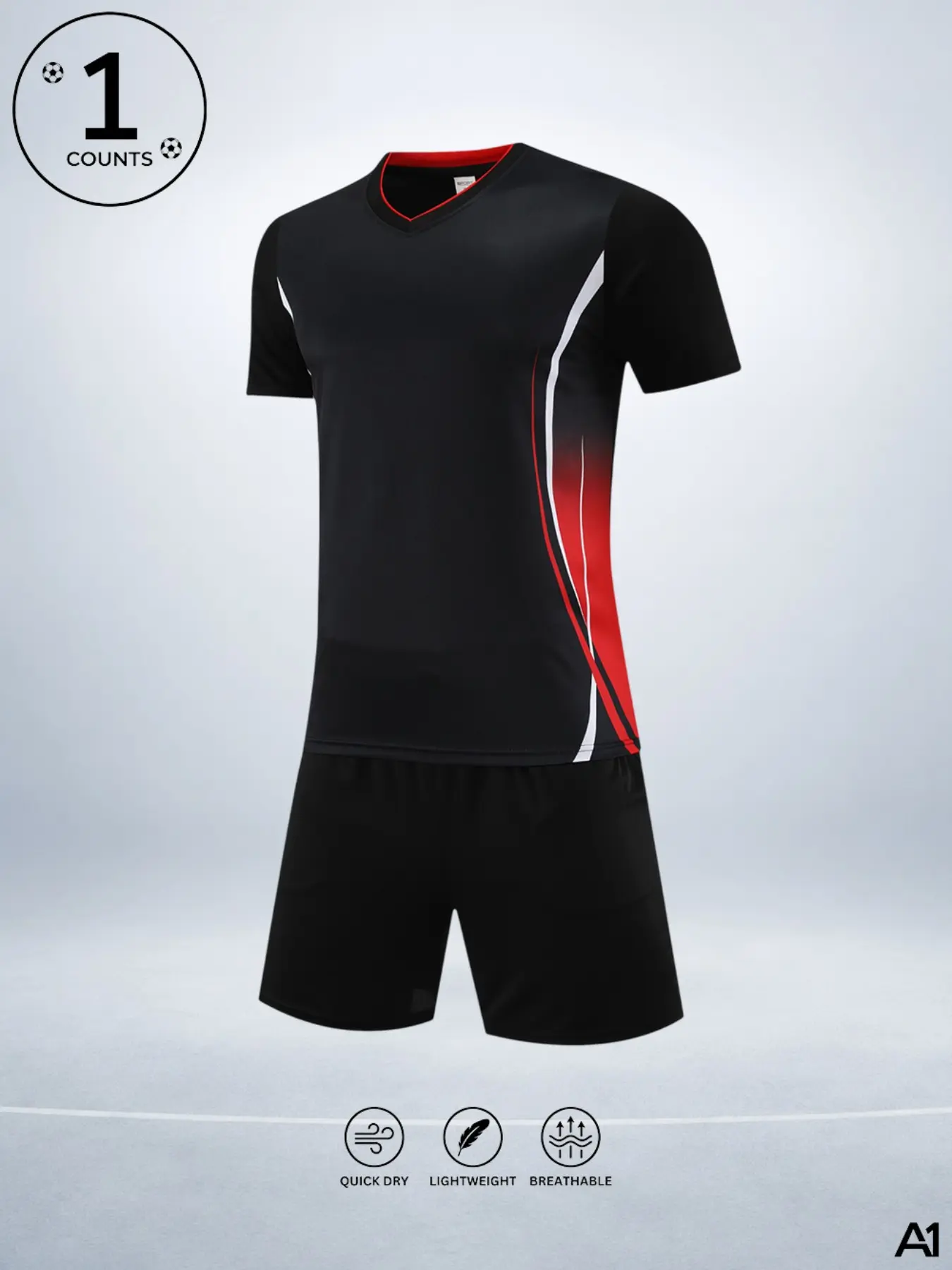 Men's 2 Piece Soccer Jersey and Shorts Set, Lightweight Quick Dry Breathable V Neck Football Training Kit, Blank Short Sleeve Athletic Uniform for Practice, Match, Running, Gym and Casual Sportswear