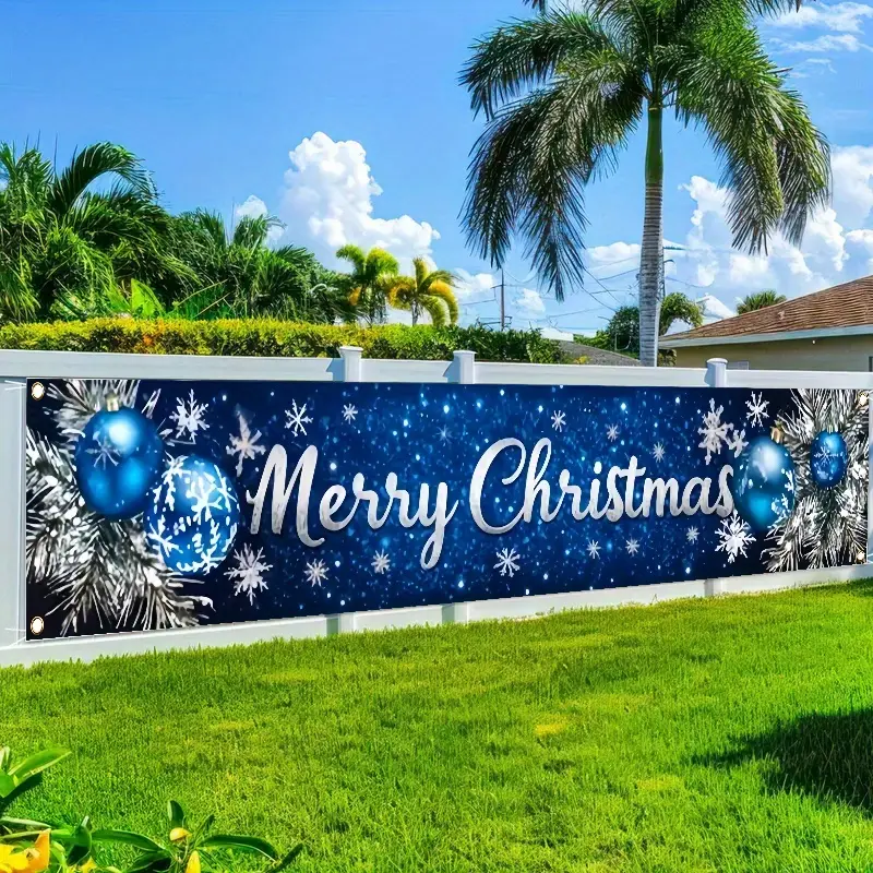 Flat 2D Merry Christmas Backdrop Banner Outdoor Holiday Decor - Navy Blue Synthetic Scratch-Proof Polyester Set, Knitted Animal-Holding Card, Snowflake Bell, Snowman-Elk, Gingerbread, Cedar Ornaments, No Electricity Needed for Lawn Wall Indoor Outdoor Use