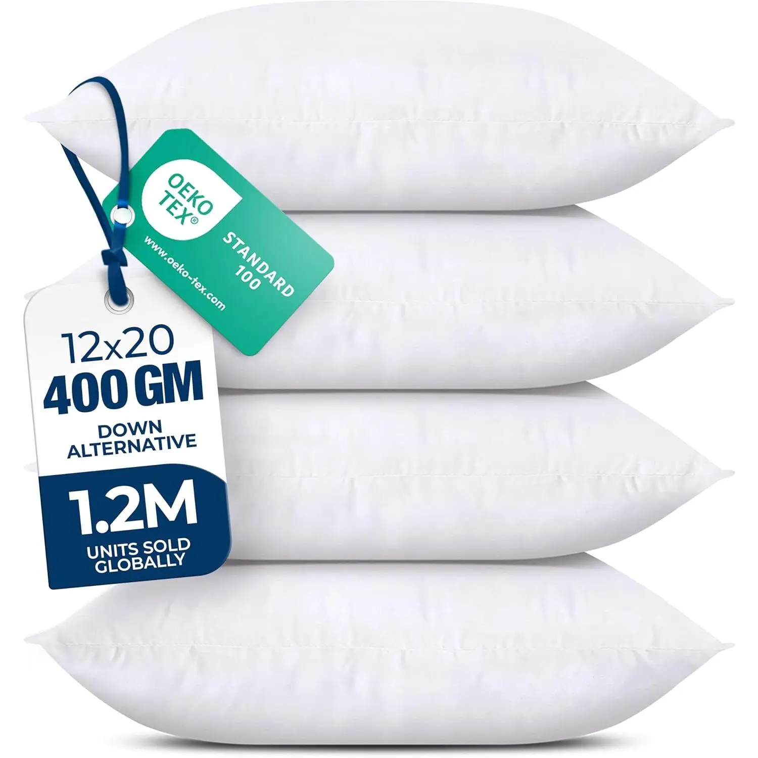 Throw Pillows (Set of 4, White) – 12 x 20 Inches Down Alternative Pillows for Bed, Sofa, and Couch - Fluffy Decorative Stuffer Pillow for Indoors & Outdoors