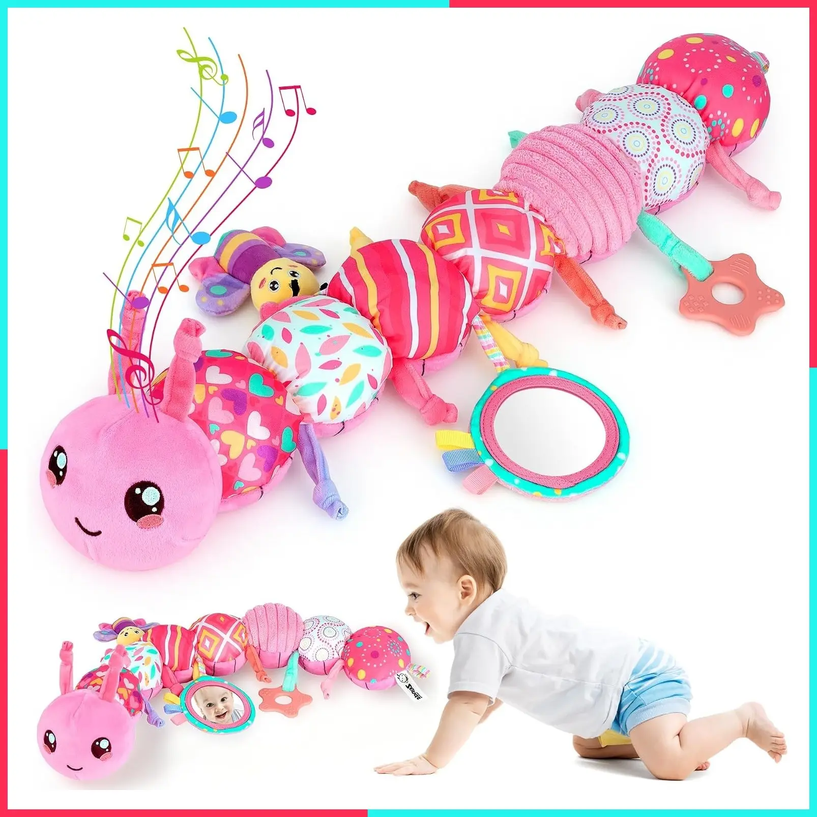 6-in-1 Musical Sensory Stuffed Caterpillar Toy for Infant Girls, Pink Plush Animal with Rattle, Mirror & Crinkle, Tummy Time Soothing Companion for Newborns 0-18 Months