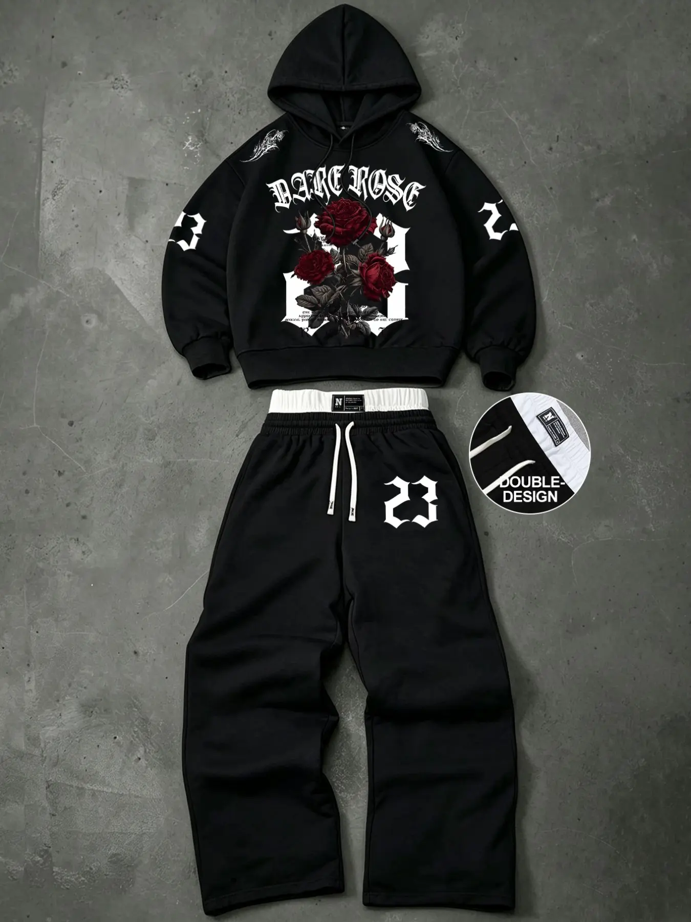 Y2K Gothic Dark Rose Graphic Hoodie & Baggy Sweatpants Two Piece Tracksuit Set | Oversized Streetwear Layered Waistband Sweatsuit Outfit