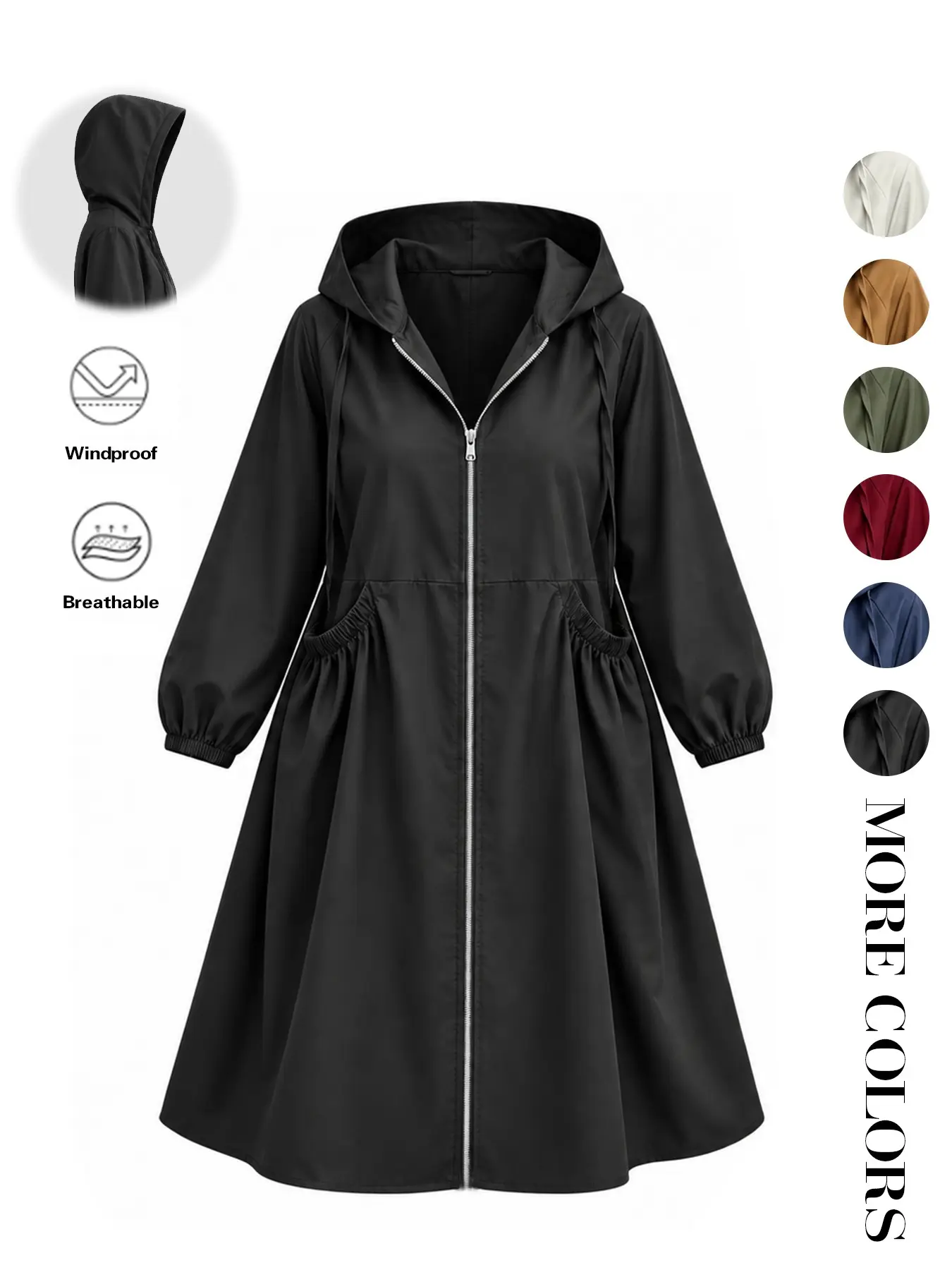 Plus Size Women's Windbreaker Coat,Fall Tops, Hooded Mid-Length, Zipper Closure, Practical Pockets, Waist Cinch, Lightweight Windproof Fabric, Casual Style,Fall Clothing Women 2026