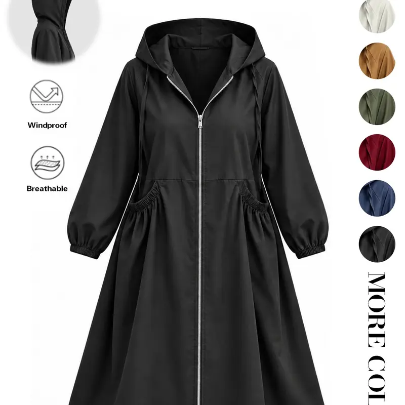Plus Size Women's Windbreaker Coat Jackets,Fall Tops, Hooded Mid-Length, Zipper Closure, Practical Pockets, Waist Cinch, Lightweight Windproof Fabric, Casual Style,Fall Clothing Women 2026