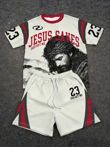 Unisex "JESUS SAVES" Jesus Print God Got Me No.23 American Football Style 2-Piece Set (T-Shirt + Shorts) | Y2K Religious High Street American Retro Streetwear Athletic Sportswear For Summer Set Football Jersey