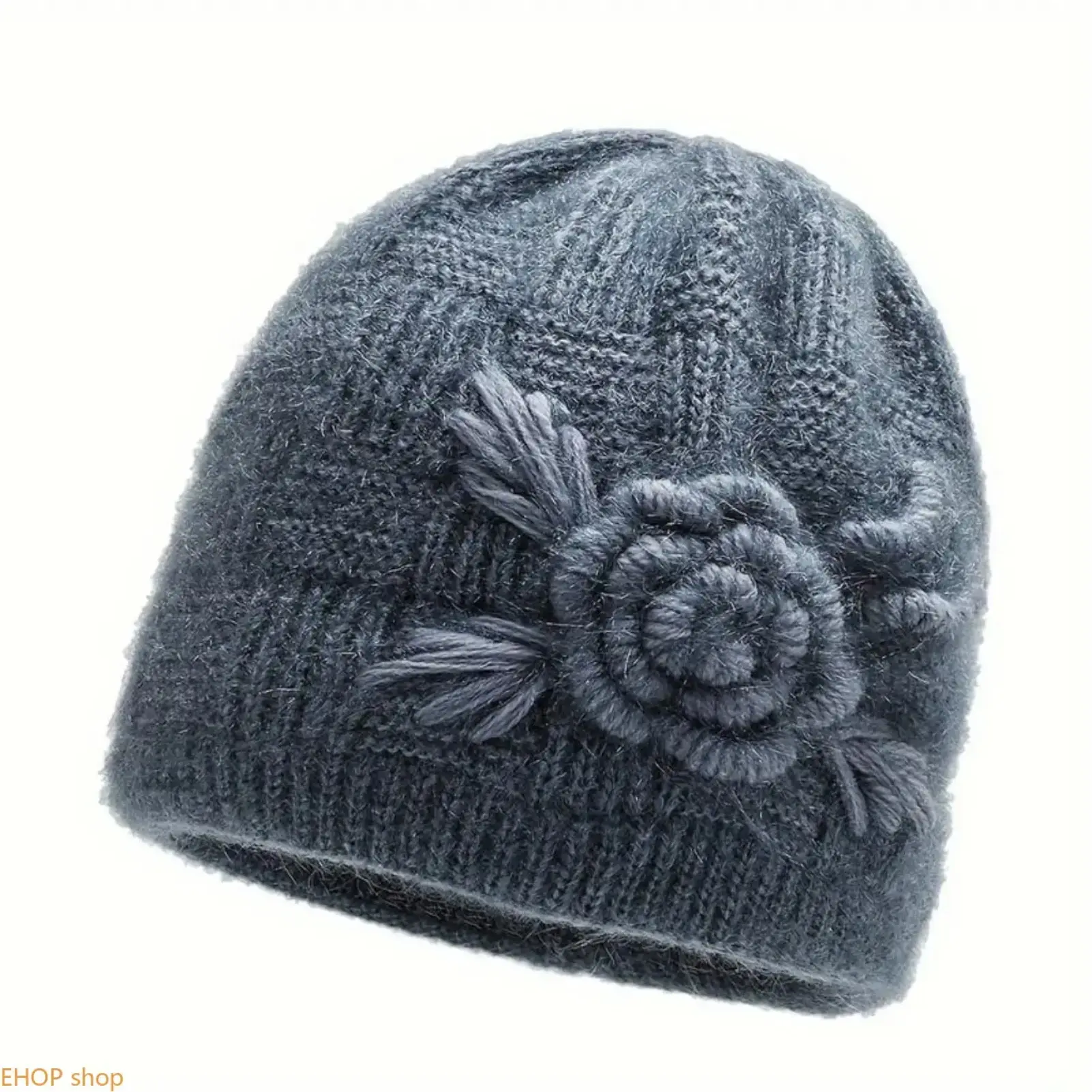 Women's Winter Floral Beanie Hat, Khaki Soft Warm Windproof Stretchy Knit Cap with Floral Accent, Cold Weather Outdoor Headwear