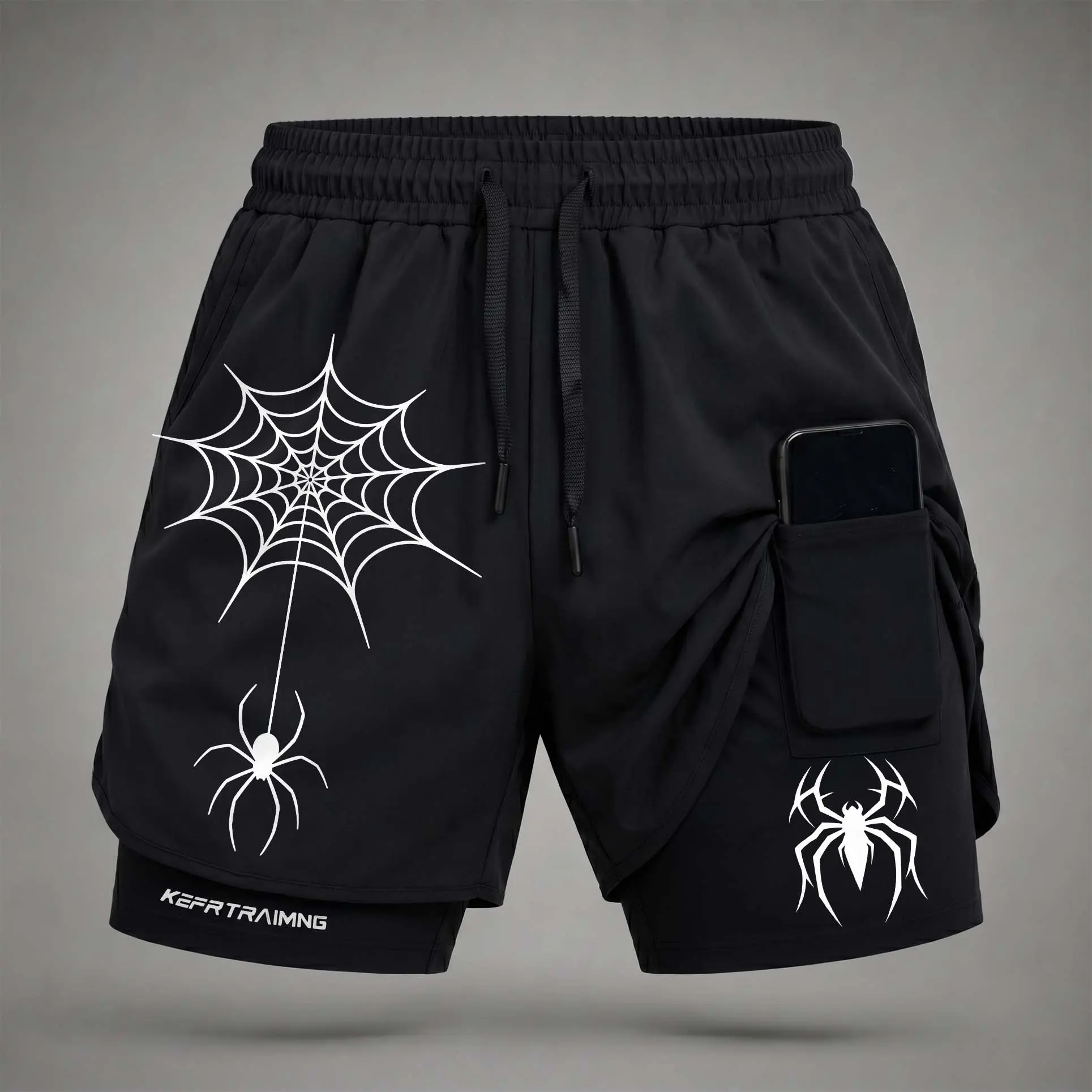 Men’s" Spiderweb Graphic Print 2-in-1 Athletic Shorts, Built-in Compression Liner, Secure Inner Phone Pocket, Elastic Drawstring Waist, Quick-Dry Gym Running Training Shorts for Summer Daily Wear