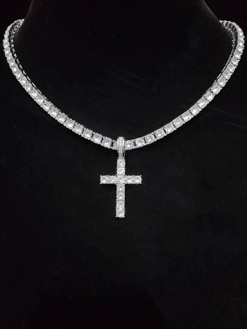 Unisex Easter Rhinestone Cross Pendant Necklace, Hip Hop Necklace, Fashion Elegant All-match Stainless Steel Jewelry Accessories, Bling Stylish Accessory, Exquisite Chain Jewelry