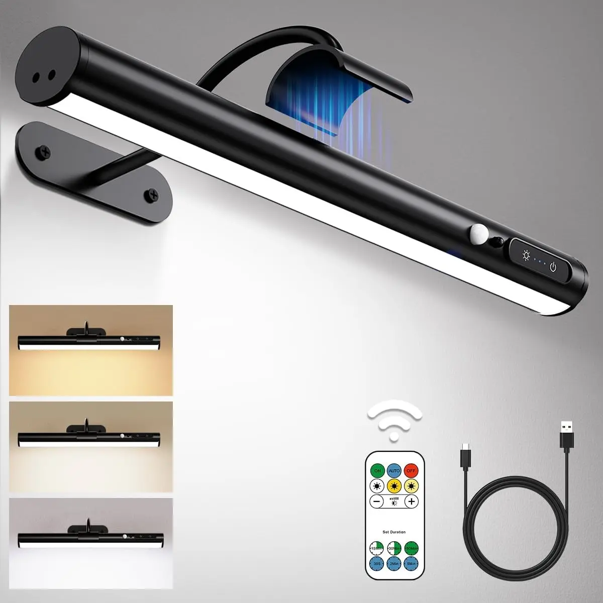 Motion Sensor Battery Operated Wall Sconce, Wireless Picture Lights for Wall, Rechargeable Magnetic Art Lighting with Remote Control, Battery Picture Light for Poster Dartboard Mirror - Black