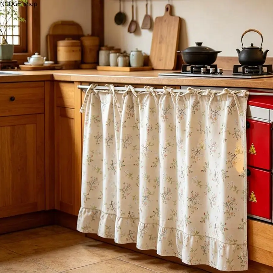Floral Pattern Kitchen Curtains, Cotton Linen Half Length Drape for Cabinets, Windows, and Room Partitions, Short Drape