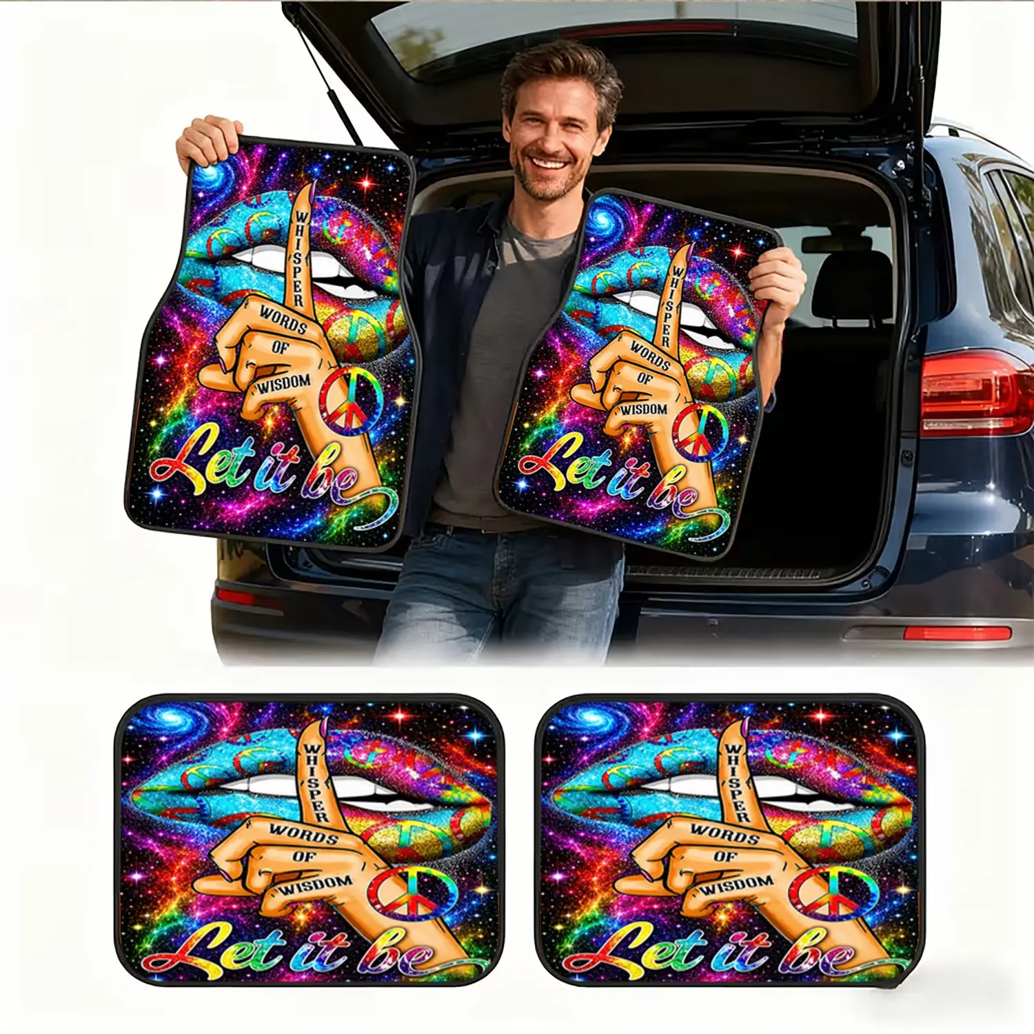 Psychedelic Hippie Style, Car Floor Mats Set, Whisperer Words Of Wisdom Let It Be Peace Sign Galaxy Lips Design, Non-Slip Rubber Backing With Vibrant Digital Print, Universal Fit For Front And Rear Seats, 4 Piece Full Set