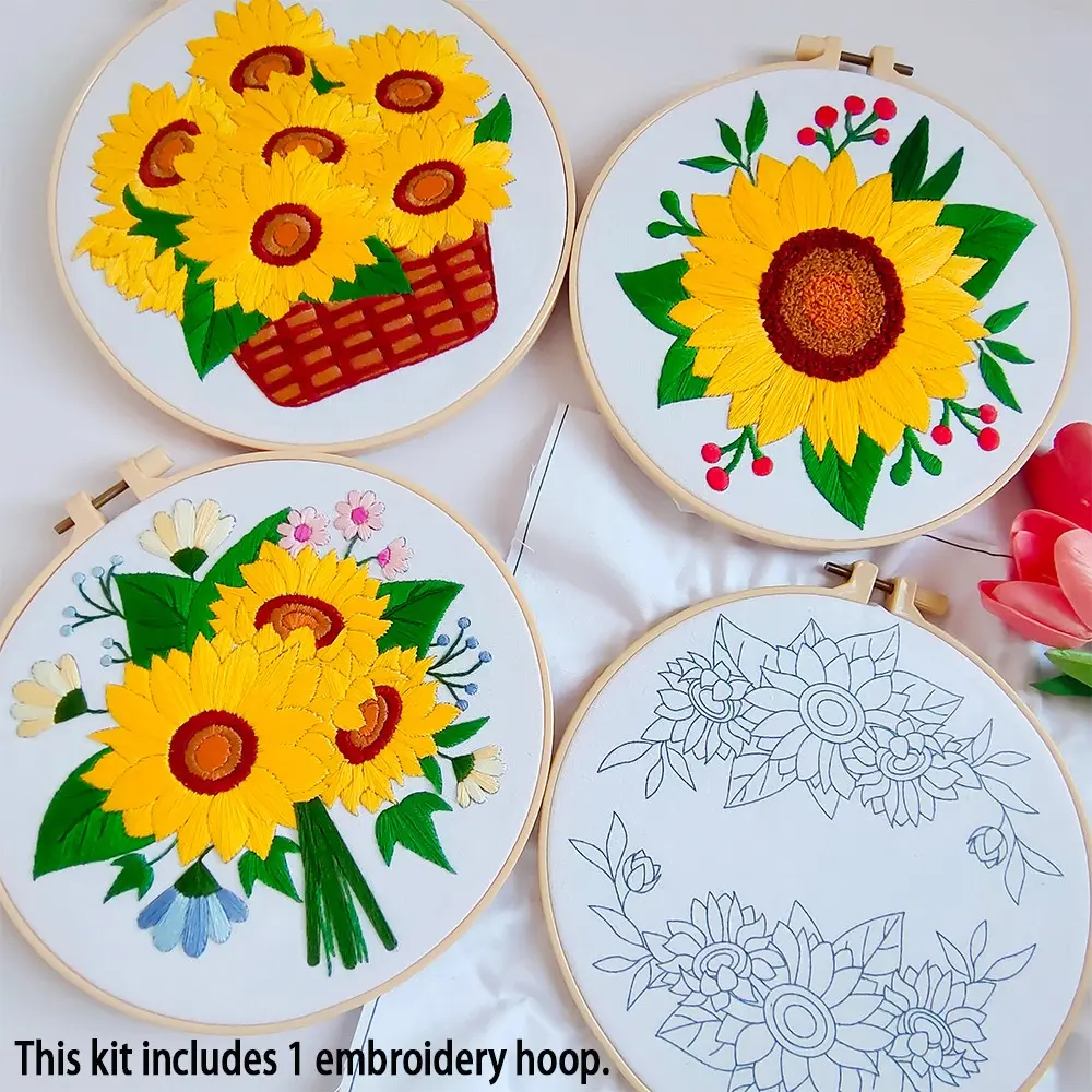 4counts rural garden flower themed embroidery DIY handmade set, Embroidery Craft, Embroidery Kits, sunflower pattern fabric decoration paintings, including 1 embroidery hoop, suitable for adult beginners and sewing enthusiasts, can be used as home decor