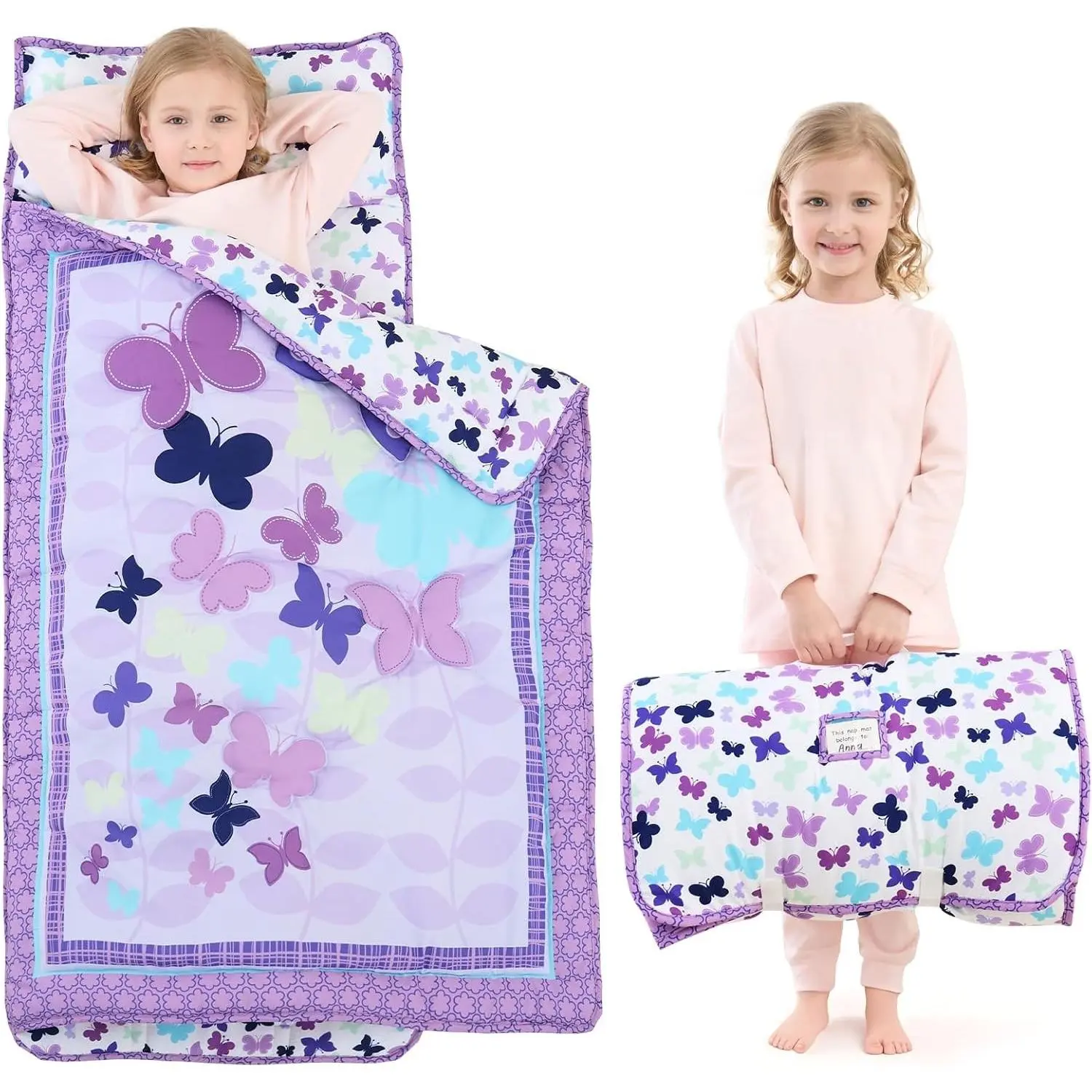 Girls Butterfly Toddler Nap Mat with Removable Pillow and Blanket, 53x21 Preschool Daycare Sleeping BagGift