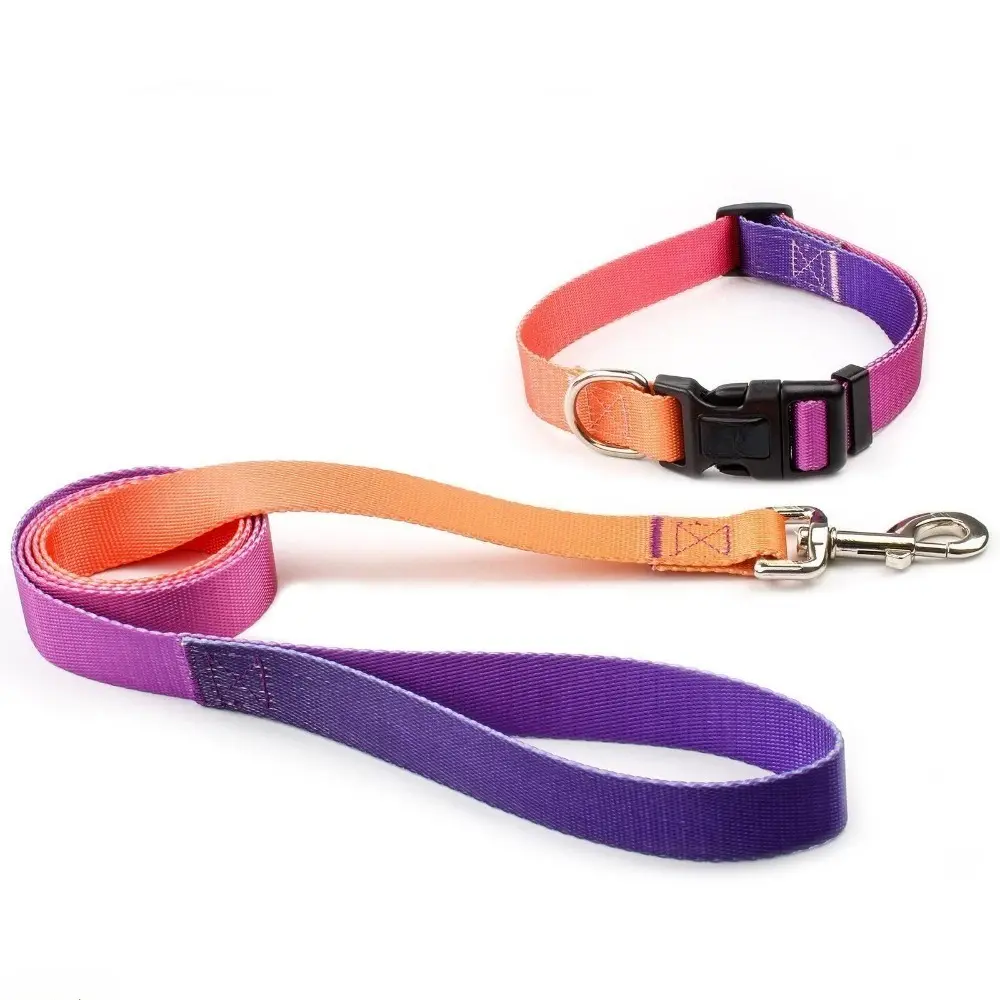 Solid-Gradual Color Nylon Fabric Dog Collar Set with Matching Harness and Leash, Wear-Resistant Adjustable Pet Supplies for Outdoor Walks