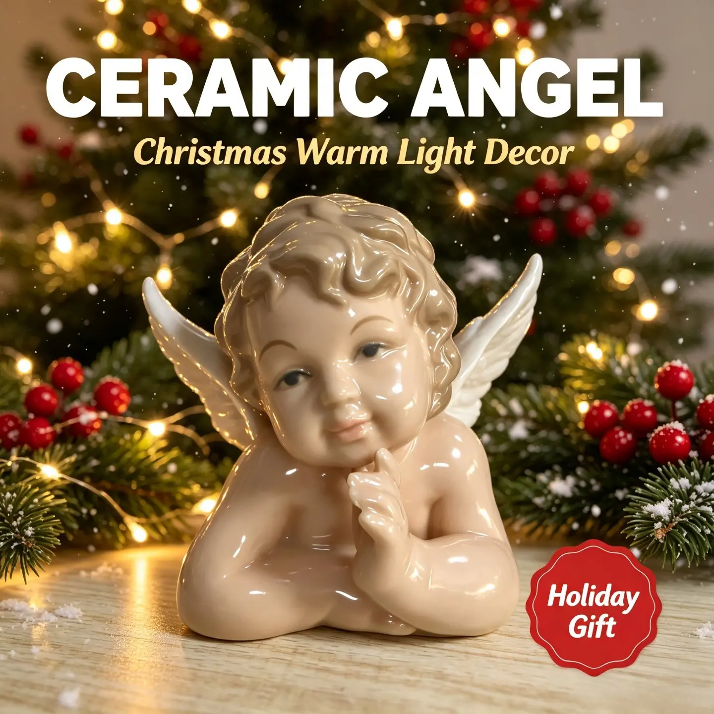 Cute Praying Ceramic Cherub Angel Figurine, Vintage Glazed Porcelain Angel Statue Ornament, Christmas Tabletop Mantel Shelf Home Decoration, Warm Winter Holiday Desktop Centerpiece Decor, Ideal Xmas Gift, New Year Thanksgiving Housewarming Present, Aesthe
