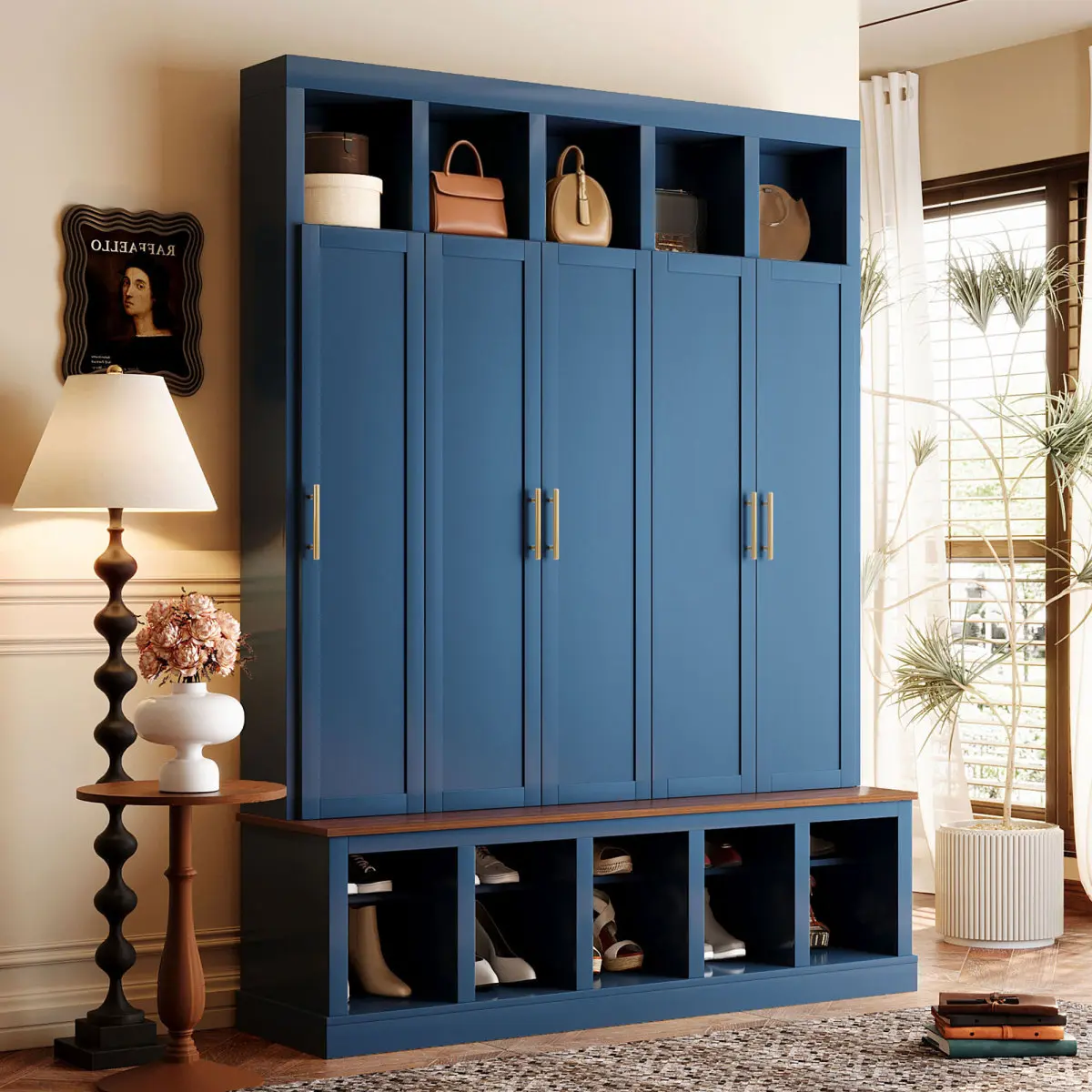 Entryway Storage Cabinet with Shoe Rack and Cubbies – Farmhouse Style Coat Closet, Freestanding Hallway Organizer, Open Display Shelves for Shoes, Bags, Hats, and Home Decor