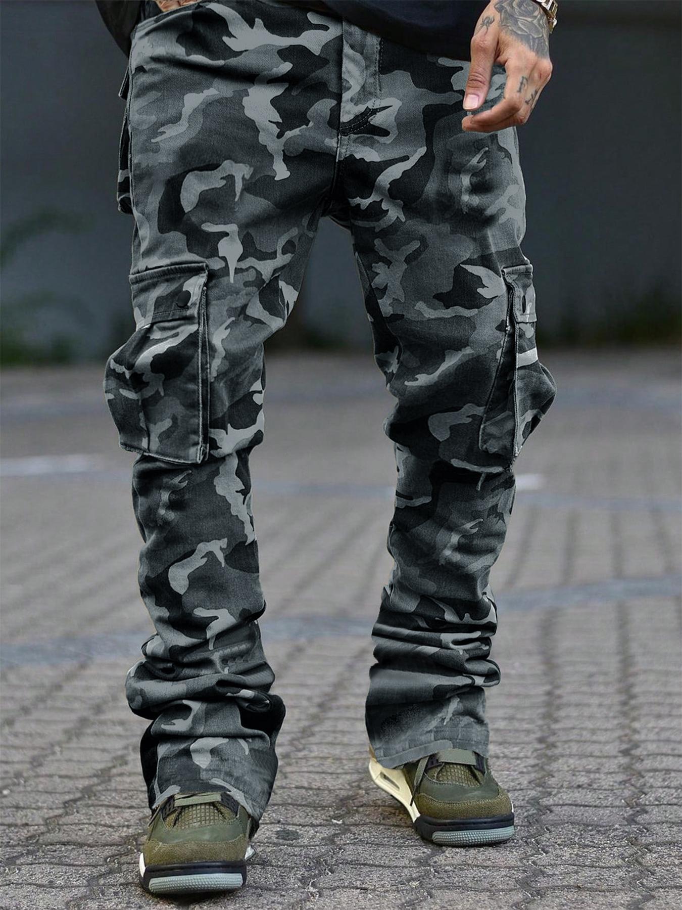 Men's Camo Print Drawstring Waist Cargo Pants, Regular Fit Street Fashion Pocket Split Hem Trousers, Men's Bottoms for All Seasons Daily Wear