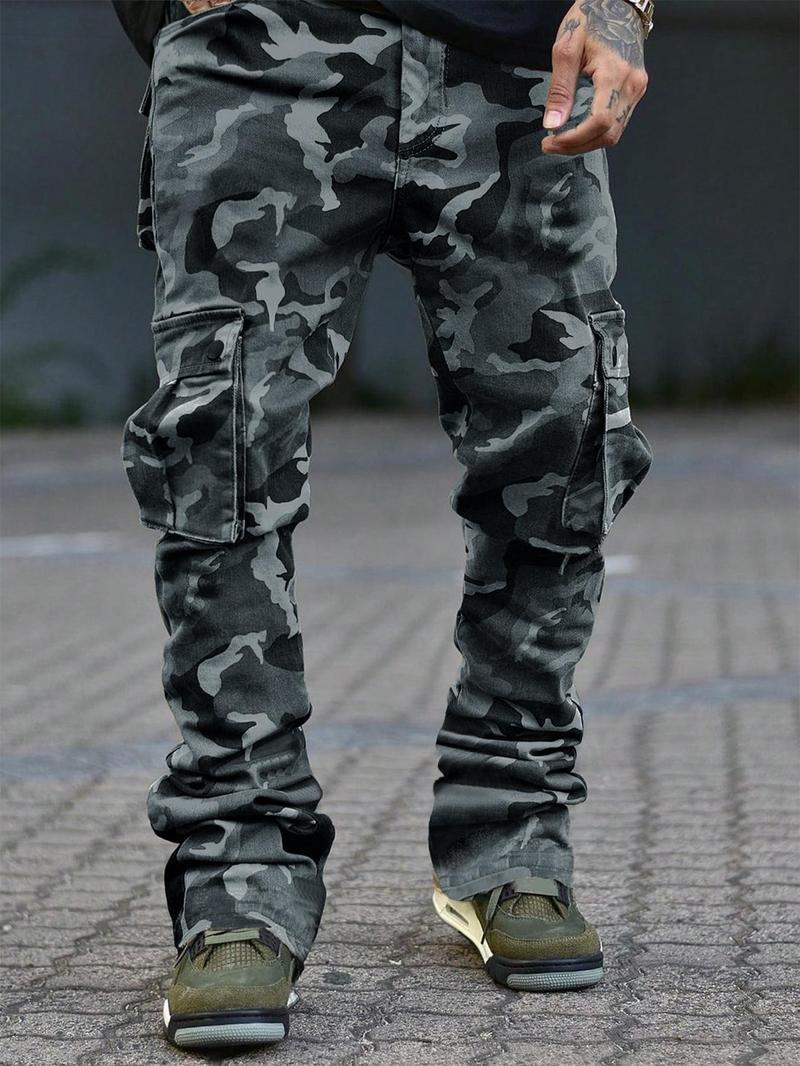 Men's Camo Print Drawstring Waist Cargo Pants, Regular Fit Street Fashion Pocket Split Hem Trousers, Men's Bottoms for All Seasons Daily Wear