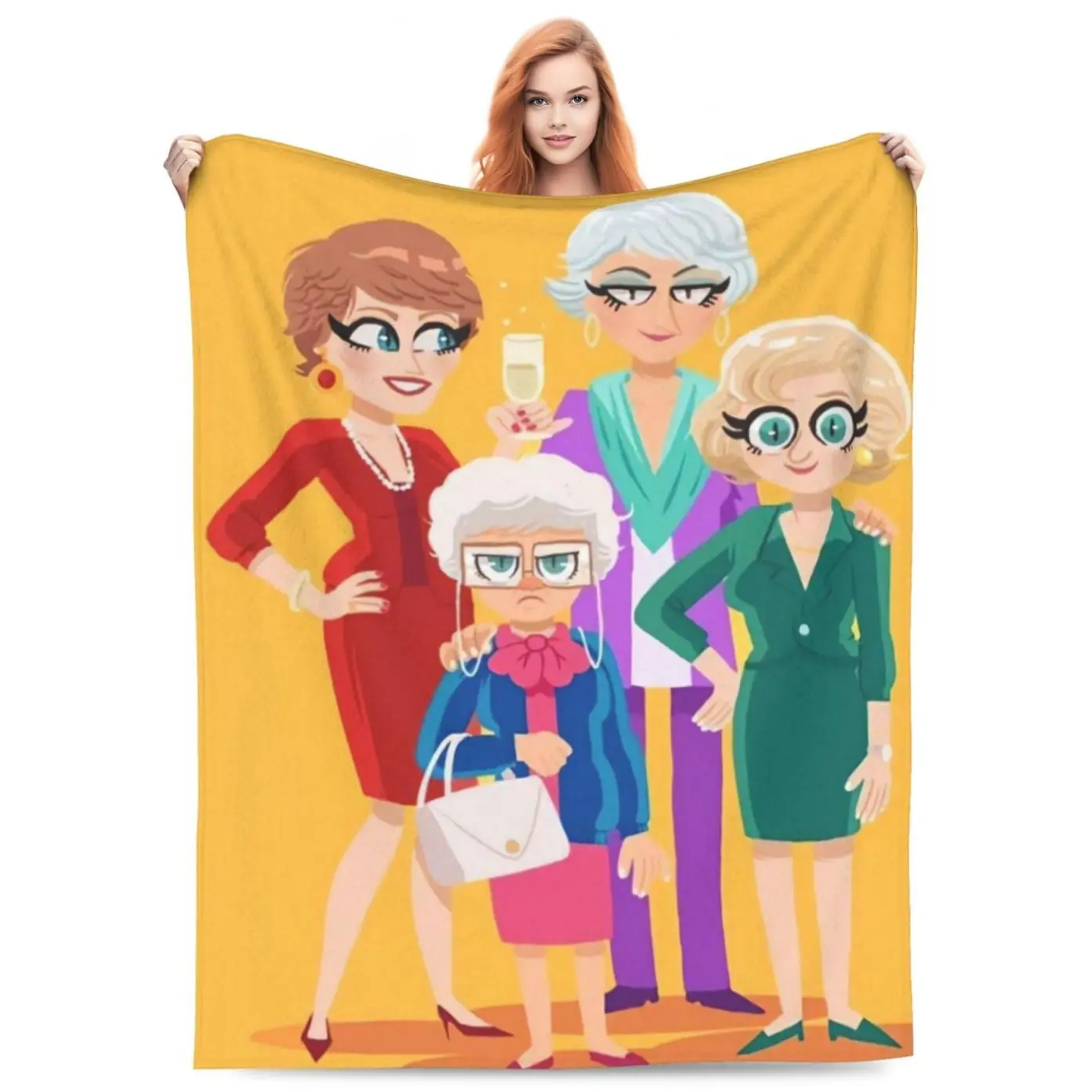 Golden Girls Cartoon Flannel Throw Blanket Soft Lightweight Cozy All Season Blanket For Sofa Bed Office Travel Classic TV Show Fan Bedroom Decor Holiday Birthday Women Best Friend Gift Blanket